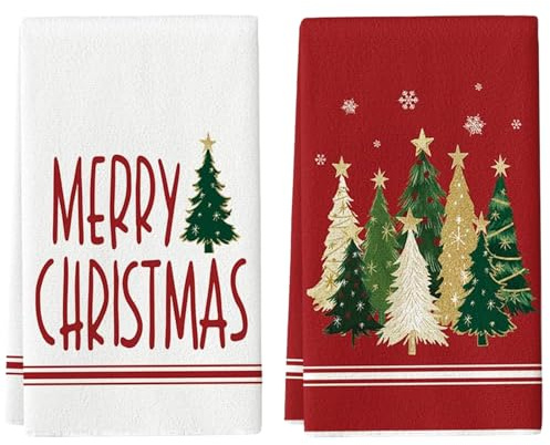 2 Stück Geschirrtücher Weihnachten, Weihnachtsdeko, Bäume Schneeflocken Weihnachten Küchentücher Geschirrtücher, Geschirrtuch Weihnachts Deko, 40x60 cm Winter Christmas Deko Polyester Handtüche