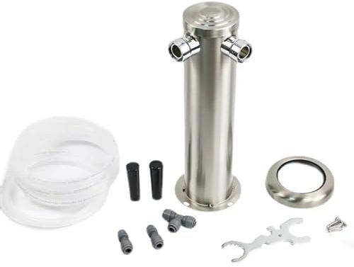Dual Hole Beer Tower, 304 Stainless Steel, Pre-Cut Beer/Gas Lines & Shanks - Easy Install Draft System for Kegerator Fridge (Taps Not Included)
