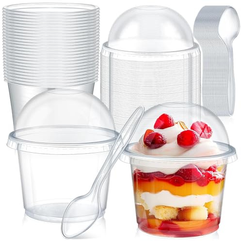 AUTOWNLUX 50 Stück Dessertgläser Plastik mit Deckel und Löffeln, 210ml Dessertbecher Wiederverwendbar, Plastikbecher Rund für Dessert Pudding Mousse Eiscreme Party