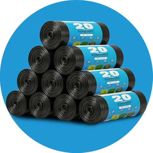 Roe Tenpo 200 Pack Black Bin Bags – 75L, 30 Micron Refuse Sacks, Extra Strong, Eco-friendly, Leak-Resistant Bin Liners - Perfect for Home, Office, DIY & Garden (Packaging May Vary)