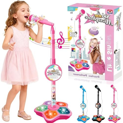 Kids Star Microphone with Stand, 2026 New Microphone Toy with Music & Lights for Kids, Fun & Easy-to-Use Karaoke Toy for Boys and Girls Singing (Pink)