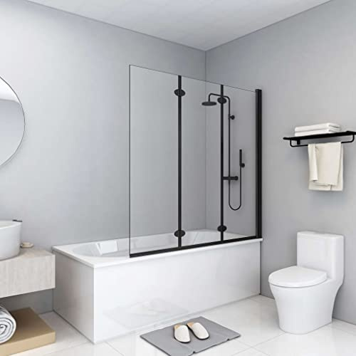 QUAHEAS Faltbare Duschkabine 3 Paneele ESG Sicherheitsglas Schwarz 130x138 cm Aluminiumlegierung mit Montagezubehör für Badezimmer Nische barrierefrei begehbar Spritzschutz