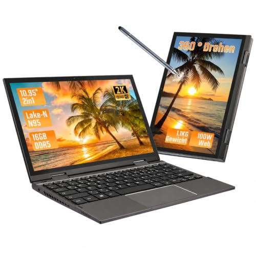 BINTEC Laptop convertible con pantalla táctil 2K de 27.81 cm, N95, 16 GB DDR5 512 GB SSD, laptop 2 en 1 con lector de huellas dactilares, teclado retroiluminado, lápiz capacitivo, ideal para trabajo y