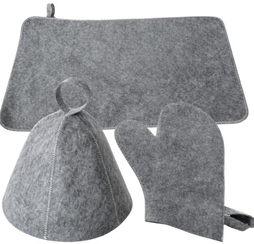 Sauna Hat, Mat & Gloves Set, Premium Felt Sauna Accessories Kit, Heat Insulation, High Absorbent Sauna Hat, Breathable Sauna Mat for Inside Sauna, Steam Rooms, Quick Dry Design, for Men Women Grey