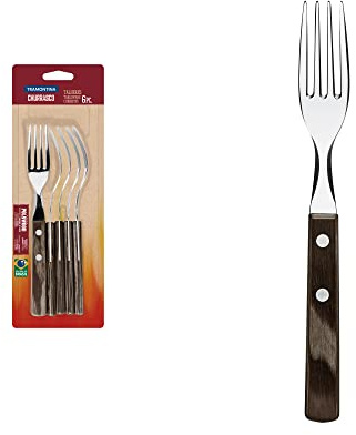 TRAMONTINA - Juego de Tenedores de Mesa Churrasco, para Asado, en Acero Inoxidable y Mangos de Madera Polywood en Color Castaño, Cubiertos con Remaches de Aluminio, 6 Piezas