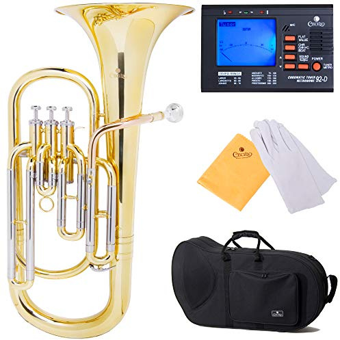 Mendini by Cecilio Baritone, Lacquer Brass B Flat Baritone with Tuner, 3 Stainless Steel Pistons, Mouthpiece, Hard Case, Polishing Cloth and Gloves (Gold)