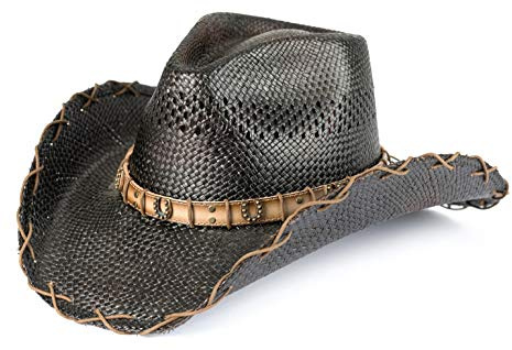 Westernwear-Shop Westernhut Strohhut Horse Shoe (Hufeisen) schwarz - Cowboyhut aus Stroh Westernkleidung für Damen und Herren schwarz (L)