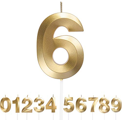 URAQT Velas Cumpleaños, Velas de Pastel de Cumpleaños Doradas, Velas de Números 6 para Cumpleaños/Aniversario de Bodas/Fiesta de Graduación, Número 0-9 para Elegir