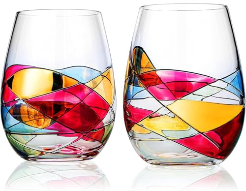 Artisanal Hand Painted Stemless Wine Glasses Mothers Day Gift for Mom Wife Grandma Beautiful Renaissance Stained Glass Style Floral Design, 2 Set, Luxury Wine Glassware Birthday Housewarming Gift Idea
