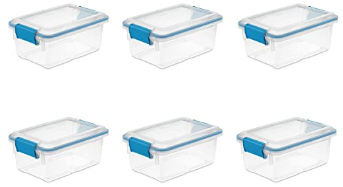 Sterilite 7.5 Qt Gasket Box, Stackable Storage Bin with Latching Lid and Tight Seal, Plastic Container to Organize Basement, Clear Base, Lid, 6-Pack