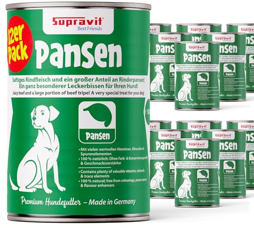 Supravit Premium Hundefutter Nass Pansen | Set 12 x 410g Dosenfutter Hund | 100% Fleisch | Hunde Nassfutter getreidefrei mit hohem Fleischanteil | Hundenassfutter