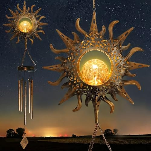Sun Crackle Glass Ball Wind Chimes, Solar Wind Chimes Outdoor Decor Gardening Gifts Birthday Gifts for Mom Gifts for Women Gifts for Grandma, Sun Chimes Sun Gifts Sympathy Gifts