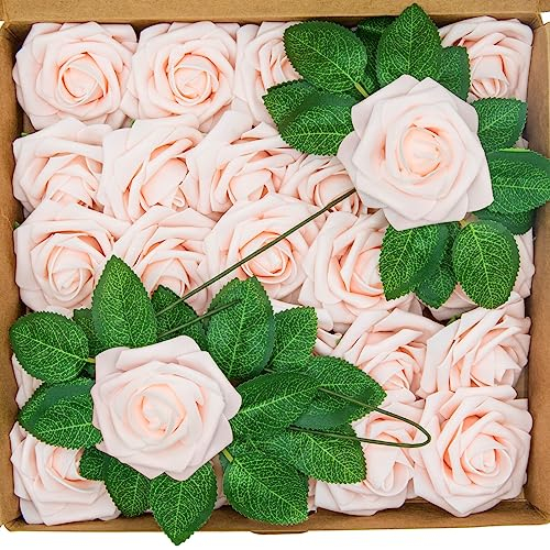ROYALLATO 20PCs Artificial Roses Artificial Flowers Fake Flowers Faux Flowers Pink Foam Roses with Stem for Wedding Flowers Decorations DIY Bridal Bouquets Christmas Cake & Home Decoration