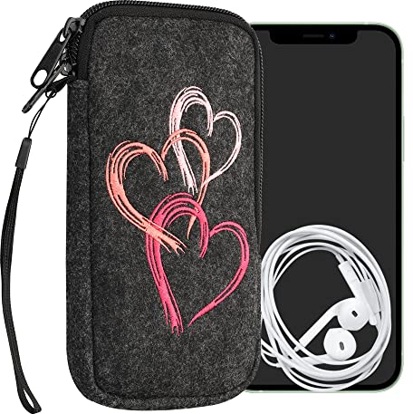 kwmobile Handytasche für Smartphones XL - 6,7/6,8 - Handy Filztasche - Pinsel Herzen Altrosa Rosa Dunkelgrau - 17,2 x 8,4 cm Innenmaße