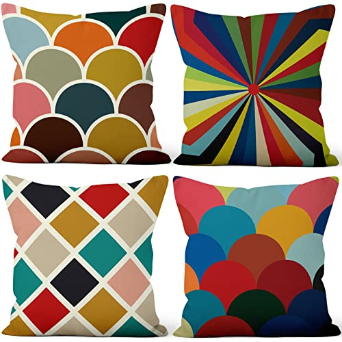 Aoihrraan Kissenbezüge 4er Set, Bunte Muster Geometrie Wurfs Kissen Abdeckungen Regenbogen Gefärbt Weicher Kurzer Plüsch Quadrat Kissenbezug für Sofa Couch Schlafzimmer Auto Stuhl Wohnkultur 40x40cm