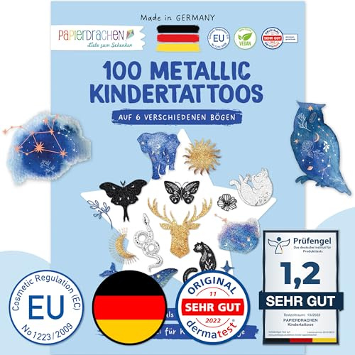 Pappersdrake 100 metalliska tatueringar för barn – hudvänliga barntatueringar sol, måne och stjärnor – glittertatuering – födelsedagspresent – för pojkar och flickor – tillverkad i Tyskland
