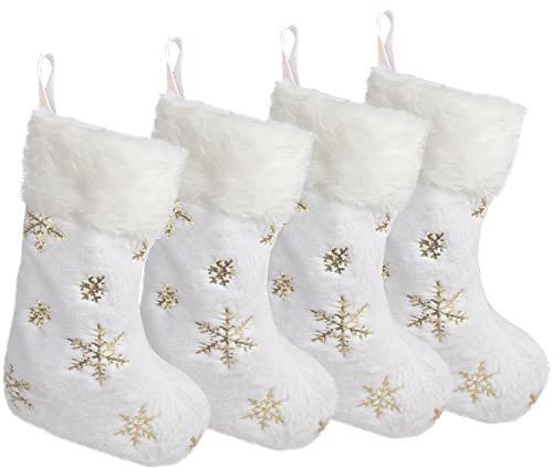 CCINEE 4PCS White Christmas Stockings,18 Inch Large Plush Faux Fur Xmas Stocking with Golden Snowflake Sequin Glitter Snowflake Hanging Stocking for Christmas Tree Wall Fireplace Home Decoration