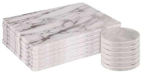 Argon Tableware 12-Teiliges Marmor-Tischsets Und Runde Untersetzer-Set – Weiß