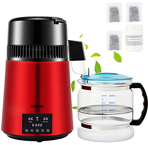 VEVOR Destilador de Agua 4 L Filtro de Destilación de Agua con Recipiente de Vidrio 750 W 1 L/H Ajuste de Velocidad, Destilación Filtro Purificador 7,9 lbs de Acero Inoxidable Temperatura Doble, Rojo