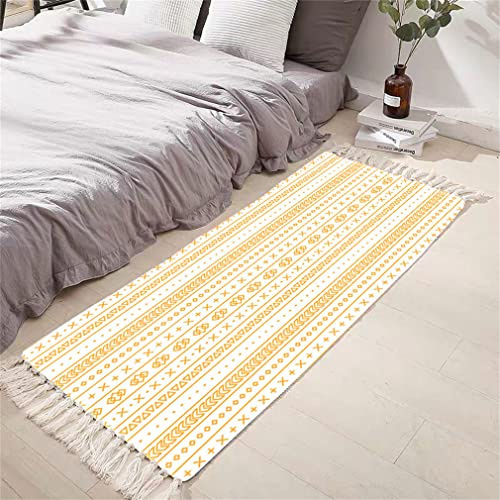 Tomifine Flachgewebe Teppich mit Quasten, Geometrischem Rautenmuster Vintage Teppich Baumwolle Waschbar Fußmatte (60x120 cm,Gelb)