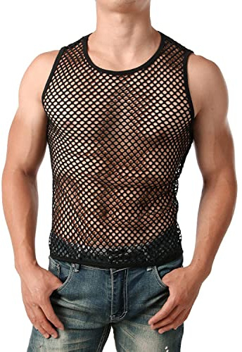 Camiseta sin Mangas de Rejilla para Hombres Transparente Camiseta de Tirantes Malla Transpirable Sexy, Fishnet Camisetas Interior Tank Top Gym Clubwear Verano (FR/ES, Letras, S, Regular, Regular)