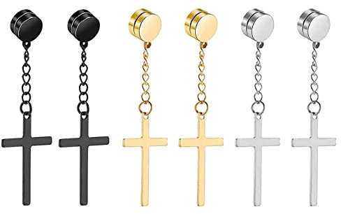 Cupimatch Men Women 3 Pairs Stainless Steel Earrings with Cross Dangle Fake Stud No Pierced Cross Earrings Set Jewelry