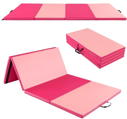 COSTWAY Colchoneta Gimnasia de 240 x 120 x 5 cm, Colchoneta de Ejercicio Plegable con Manija de Transporte,Impermeable, Cuero de PU Desmontable, para Yoga Fitness Hogar (Morado y Rosa Oscuro)