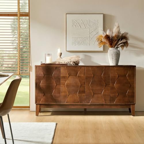 HULALA HOME Mid Century Sideboard Buffet Cabinet with Solid Wood Legs, 60 Kitchen Storage Cabinet Credenza with 4 Doors and 2 Shelves, Accent Console Table, Walnut