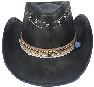 VKEID Herren Lederhut Leder Herren Damen Schwarz Western Cowboy Hut Hut mit breiter Krempe Outdoor Performance Cowgirl Hut Hüte für Männer
