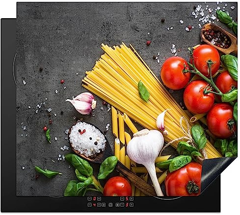 KitchenYeah© Herdabdeckplatte Einteilig Abdeckplatten Cerankochfeld | 60x52 cm - Abdeckung Ceranfeld Herdplattenabdeckung Induktionsmatte Nudeln - Kräuter - Tomaten - Gewürze - Rustikal