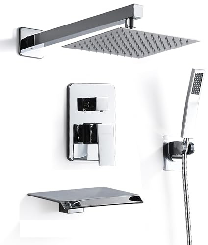 RTOBWEYE 8 Inch Shower Faucet Set, Rainfall Shower System with High Pressure Handheld Shower Head, Bathroom Mixer Shower Set Wall Mounted Shower Faucet Rough-in Valve and Trim Kit, with Tub Spout