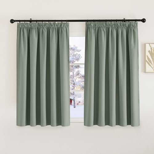 PONY DANCE Sage Green Thermal Blackout Curtains - Hand Made Extra Wide Curtains for Living Room Bedroom Pencil Pleat Soft Luxury Thermal Drapes for Small Window, W66 X L54, 2 Panels