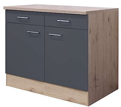 Flex-Well Morena Küchenunterschrank 100 cm mit Arbeitsplatte – Basaltgrau Matt & San Remo Eiche – mit 2 Schubkästen und 2 Türen