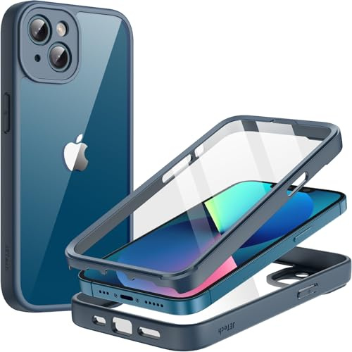 JETech Skal för iPhone 13, Marin | Inbyggt Skärmskydd i Härdat Glas, 360 Graders Hela Kroppen för Tung Skydd, Stötsäkert Klar Baksida