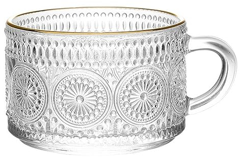 GizellMG Mug au Lait Bouteille d'eau Doré en Cristal Grande Tasses à café Verre à shot Joli Tournesol Verre Hobstar Verre à eau Verre Transparente avec Anse 350 ml / 35 cl (2PCS)