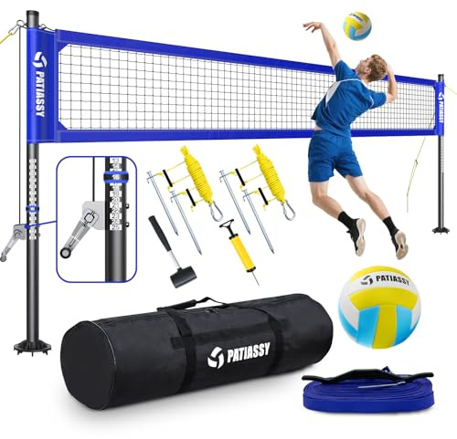 Set di rete da pallavolo professionale per cortile e spiaggia, sistema di rete da esterno con argano anti-sag in acciaio, rete rinforzata da 9 m, pali in alluminio antiruggine regolabili in altezza