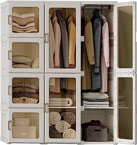 Dripex Portable Wardrobe Closet Storage Organizer Transparent Door Panels,Suitable for Living Room, Bedroom,Plastic Wardrobe with Magnetic Door and Easy Assembly