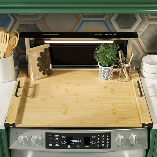 Noodle Board Stove Cover for Gas Stovetop, Bamboo Stove Top Covers for Electric Stove and Gas Burners with Handles Kitchen Sink Cover for Counter Space Decorative Serving Tray Natural (29.53x22.05)