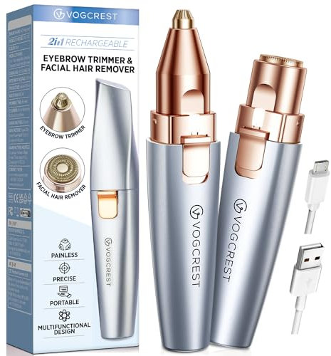 VG VOGCREST Recortador facial de cejas: 2 en 1, recargable, depilación facial y afeitadora de cejas, afeitadora facial sin dolor para cara, labios y cuerpo, con luz LED integrada (Azul)