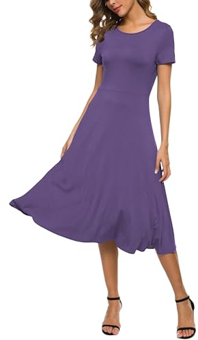 Mujeres Casual Sólida Cuello Redondo Midi Vestido Elástico Manga Corta Verano Vestido Largo(M, Lila)