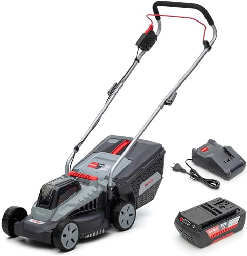 IKRA Rasenmäher IB-LM 33, Schnittbreite 33cm, inkl. 36V 2Ah Akku, Ladegerät | Kompatibel mit Bosch, empfohlene Rasenflächen bis 250m², Schnitthöhe 30-70mm, Fangkorb 30l, leicht, kompakt & ergonomisch