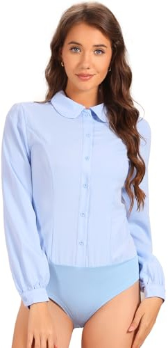 Allegra K Chemisier Body Femme Chemise de Bureau à Manches Longues et Col Claudine Haut d'Affaires Bodysuit Bleu Clair XL