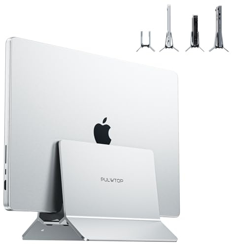 PULWTOP Vertical Laptop Stand for Desk, Aluminum Desktop MacBook Stand Laptop Holder Compatible with MacBook Air/Pro, Mac Mini, Surface, Notebooks - Silver
