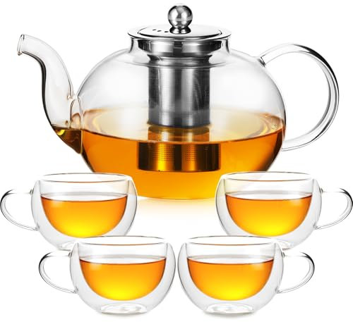 GURUDAR 50OZ/1500ML Glass Teapot Set with 4 Double Wall Teacups & Removable Infuser, Stovetop & Microwave Safe Clear Tea Maker Water Kettle with 7OZ/200ML Tea Cups for Loose Leaf Blooming Tea