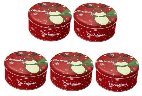 BUGUUYO Weihnachtsbonbondose Mit Hirschmotiv 5 Stück Rund Weißblech Aufbewahrungsbox Für Süßigkeiten Dekorative Zuckerdose Für Die Feiertagsdekoration