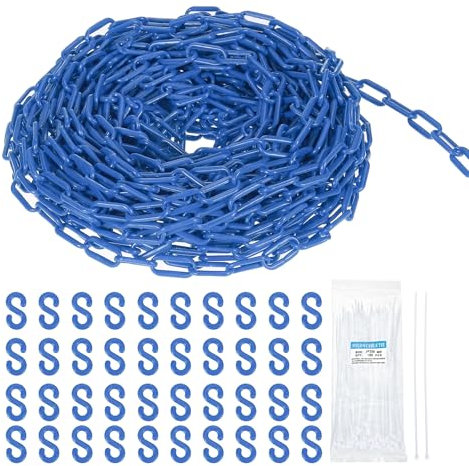 sourcing map Kunststoffkette, 61 m, Sicherheitskette, blau, Kunststoff-Kettenglied-Barriere mit Kabelbindern und S-Haken für Menschenmengenkontrolle, Warteschlangenschnur, Zaundekoration