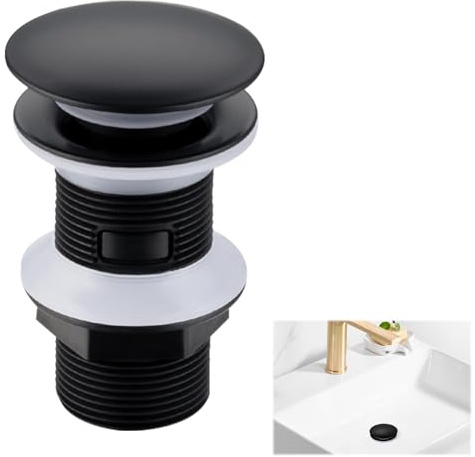 Bathroom Sink Waste Unslotted Pop Up Basin Waste, Click Clack Basin Waste Unslotted, Matt Black Pop Up Brass Sink Waste, for Washbasin Sink Tap Bathroom, Without Overflow (Dome)
