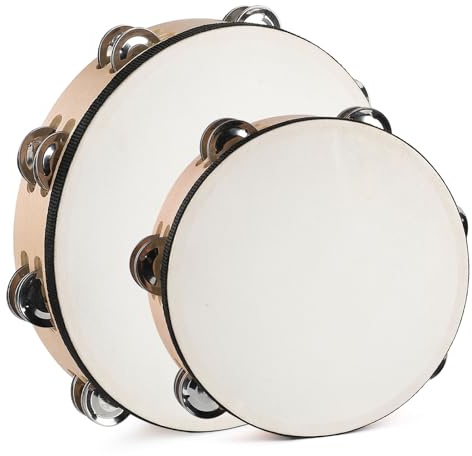 LIEKE Tambourine 10 Inch & 8 Inch Goatskin Drumhead Beechwood Hand Held Drum Tambourines for Adults kids with 8 Pairs Metal Jingles for Music Classroom Dance Party Church Game Props