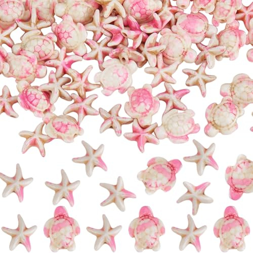 SUNNYCLUE 1 Box 100 Stück Rosa Schildkrötenperlen Seesternperlen Große Synthetische Türkisfarbene Seesterne Schildkröten Ozean Meer Strand Tiere Lose Abstandsperlen Für Armbänder Perlenketten Bastelbe