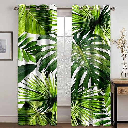 Rptidmv Vorhänge mit Ösen 2er Set Monstera-Blätter Modern Blickdichte Vorhang Thermovorhang Kälteschutz Verdunklungsvorhänge für Wohnzimmer Schlafzimmer Kinderzimmer 140 x 175 cm (BxH)